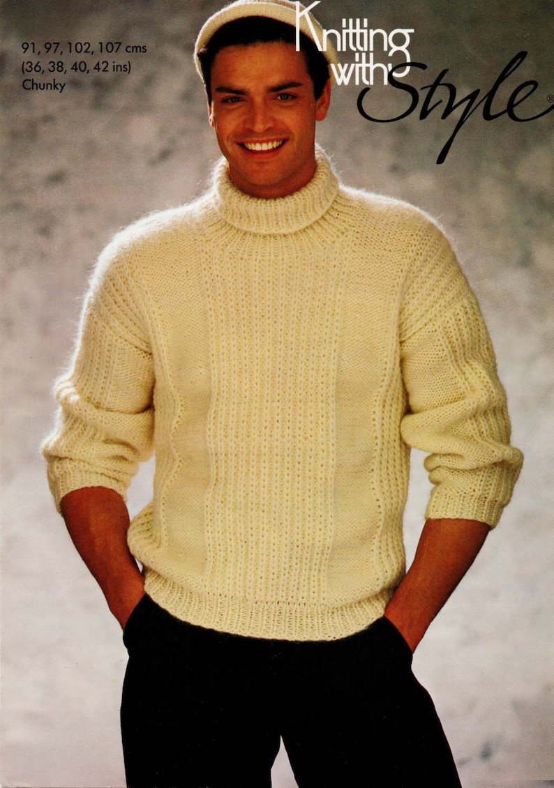 Mens Knitting Pattern Polo Neck Sweater Jumper 36 42 Digital Download image 1