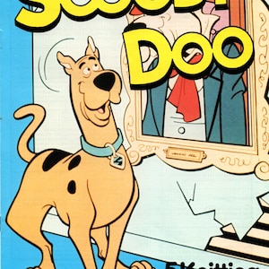 May include: A cartoon illustration of Scooby Doo, a Great Dane, standing next to a framed picture of a man. The image is titled "Scooby-Doo 5 Knitting Patterns by Gary Kennedy (Intarsia)" and includes the copyright information "1989 Hanna-Barbera Enterprises, Inc."