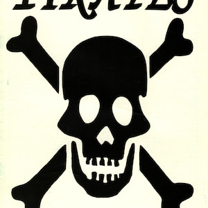 May include: Black and white illustration of a skull and crossbones with the word "PIRATES" above it and the text "4 Knitting Patterns" below it. The text "By GARY KENNEDY (INTARSIA)" is at the bottom of the image.