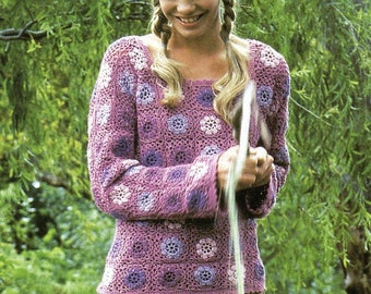 Ladies Crochet Pattern Floral Jumper 4-Ply Larger Sizes 32-36" & 38-42" - Digital Download