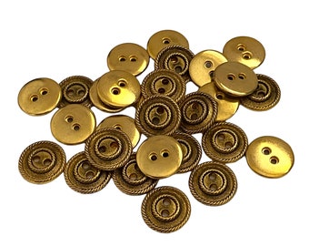 10 Gold Textured Flat Metal Buttons - 2-Holes - 15mm diameter