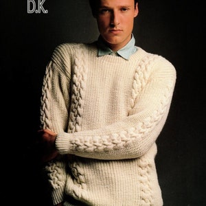 Mens Knitting Pattern Chunky Rib Sweater Jumper with Cables - DK - Digital Download