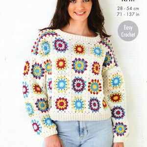 Puede incluir: Un suéter de crochet blanco con un patrón geométrico colorido. El suéter tiene un cuello redondo y mangas largas. El suéter está hecho con un punto de doble tejido y es fácil de tejer. El suéter mide 28-54 cm (71-137 in).