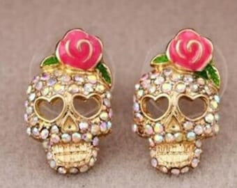 Skeleton Skull earrings , Tiny Skull  with flower, Halloween earrings