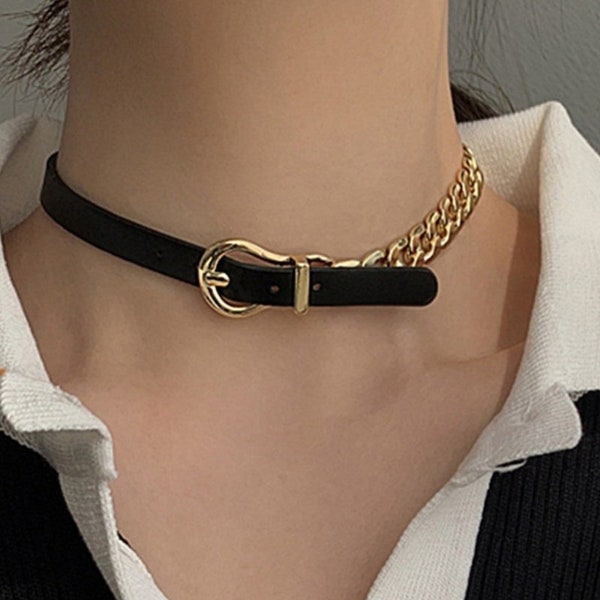 Punk Leather  Choker ,Rope chain Gold-Plated , Handmade Black Leather Choker Gothic and Minimalist Style.