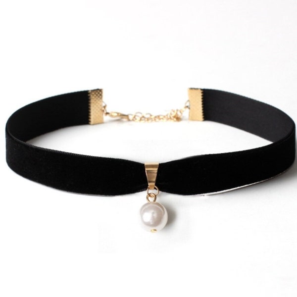 Collier ras de cou en perles vintage : collier court en velours noir