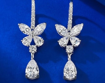 Moissanite Diamond, Sapphire buterfly,  Drop Earrings , 925 Sterling Silver Bridal and Wedding Huggie Hoop Earrings .