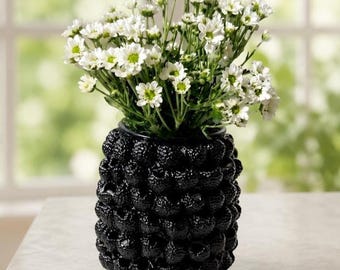 Textured Black Vase, Modern Floral Arrangement Holder, Artistic Home Decor