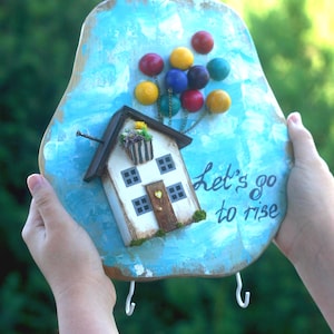 Whimsical Balloon House Key Holder: Hand-Painted Wood Wall Organizer