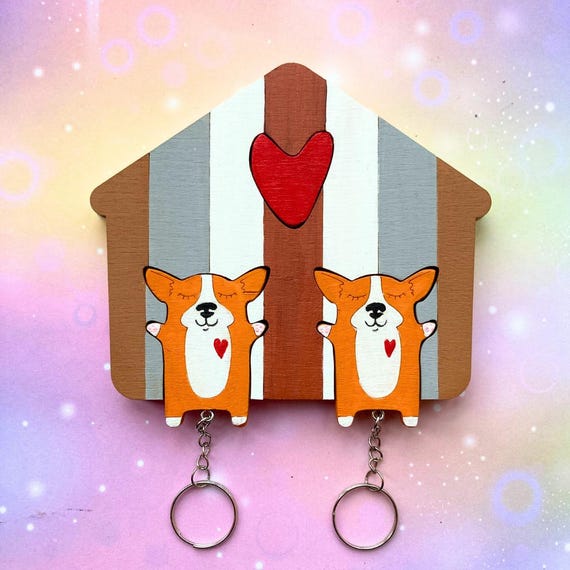Personalized Corgi Dog Couple Key Holder – Custom Wooden Key