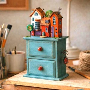 Puede incluir: Un pequeño mueble azul de madera con dos cajones y pomos rojos. Pequeñas casas de colores se asientan encima. Un pequeño amuleto en forma de casa cuelga de un lado. La escena está ambientada sobre una superficie de madera.