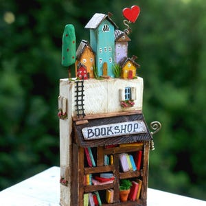Miniature Bookshop Diorama: Handmade Wooden Book Nook Sculpture