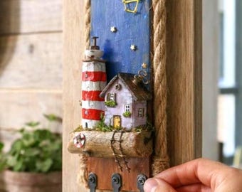 Nautical Key Holder for Wall, Driftwood Key Rack with Rope, Rustic Beach House Decor, Maritime Wooden Key Hook, Star Wall Decor