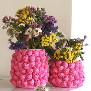 Op de afbeelding: Twee cilindrische vazen in een felroze kleur, met een textuur van kleine, verhoogde framboosachtige vormen. Elke vaas is gevuld met een kleurrijk arrangement van gele, paarse en witte statice bloemen.