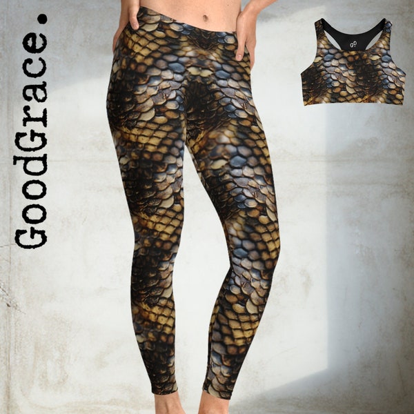 Leggings de serpiente, estampado realista de piel de serpiente, escamas, marrón, negro, elástico, cómodo, leggings de diseñador