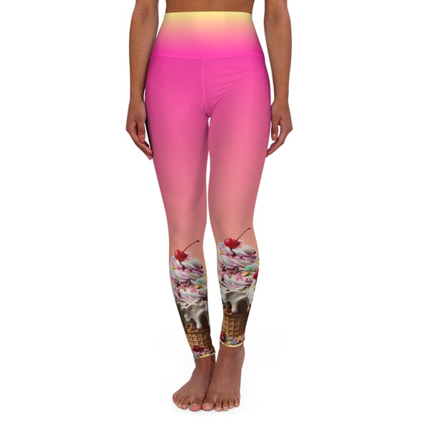 Pink Yellow High Waist Leggings Ice-Cream Print Colorful Sportswear, Exclusive Design by GoodGrace, Designer Leggings