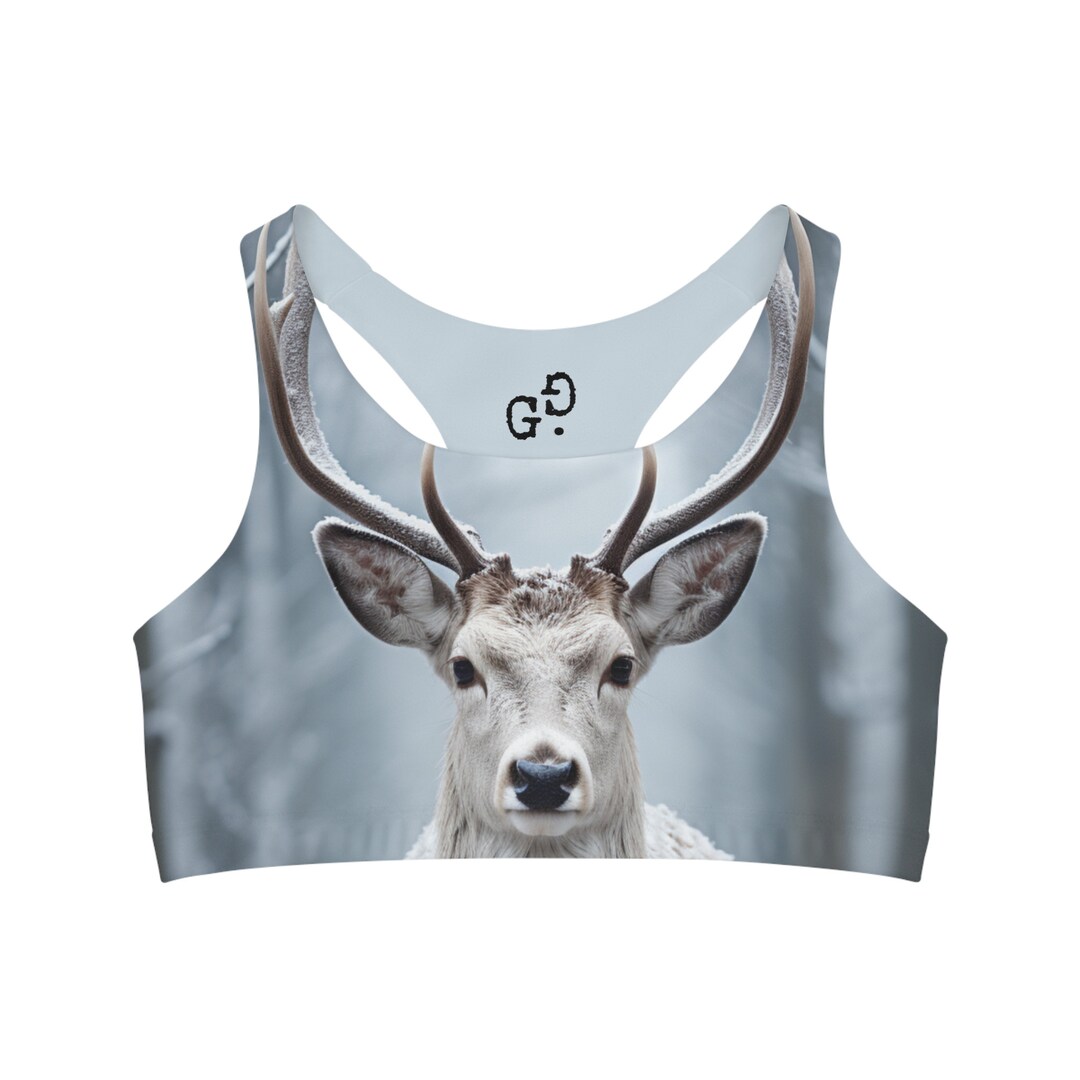 Deer Sports Bra, Winter Snow, Animal Print, Exclusive Design by