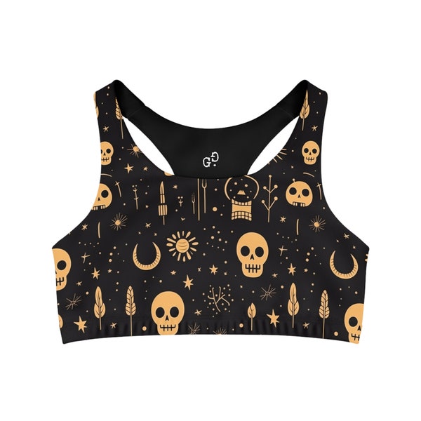 Skulls Sports Bra, Pattern, Seamless, Noir et Orange, Design exclusif par GoodGrace, Confortable, Tendance, Spooky, Goth, Emo