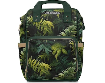 Green Ferns Backpack, Multifunctional, Graphic Nature, Dark Green, Exclusive Design by GoodGrace, Designer Bag