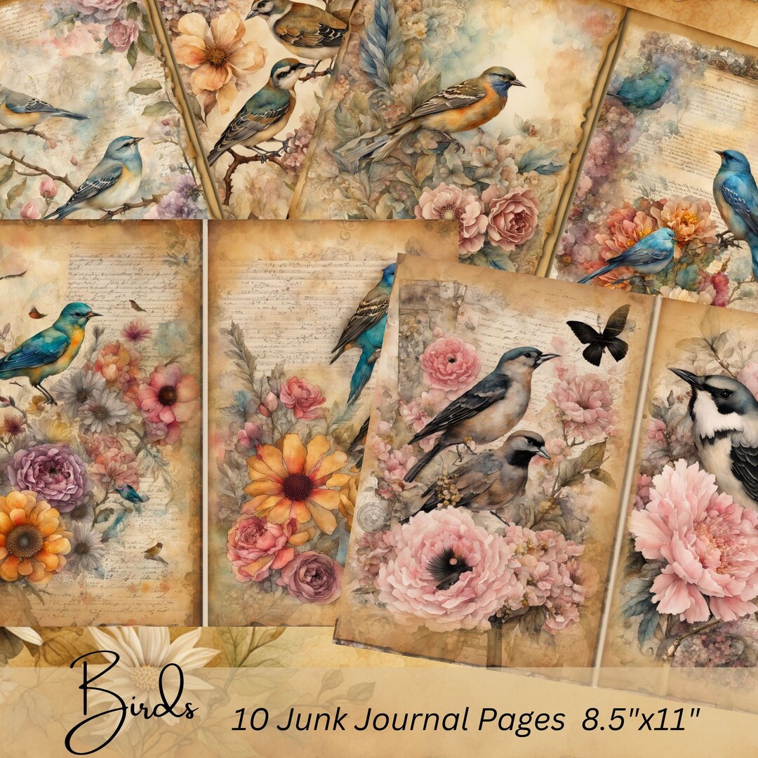 鳥と花のジャンクジャーナルキット：ヴィンテージスクラップブック用紙