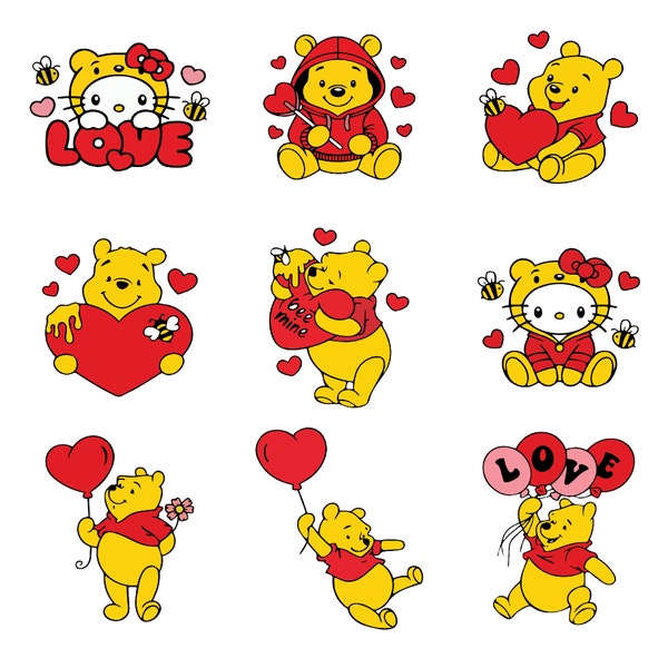 Winnie the pooh svg, winnie the pooh clipart, outline, cutting files, cut files, Winnie the Pooh Shirt, Valentine day Svg, Heart Svg, Png