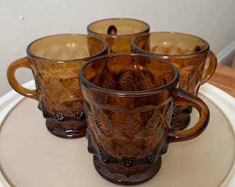 Anchor Hocking Fire King - Tasses/mugs en hlas brun ambré, motif losanges, vintage