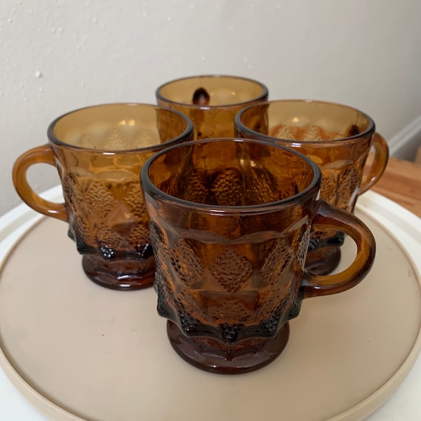 Anchor Hocking Fire King Amber Brown Hlass Cups / Mugs, Diamond Pattern, Vintage