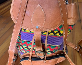 Woven and Leather Boho Backpack with Drawstring and Buckle Closure, Zipper Pockets, Vibrant Colors