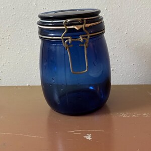 Cobalt Blue Glass Jar with Metal Clasp Lid, Vintage 24 ounce.
