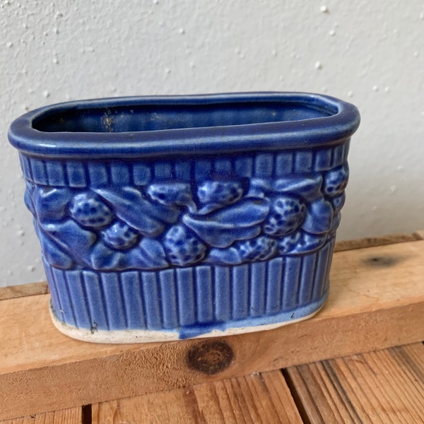 RARE Vintage Japan Blue Glazed Rectangular Pottery Planter / Herb Pot