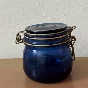 Cobalt Blue Glass Jar with Metal Clasp Lid, Vintage 16 ounce.