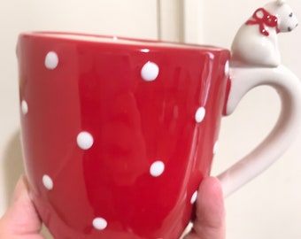 Red polka dot Christmas Polar Bear mug with surprise inside, Kate Williams