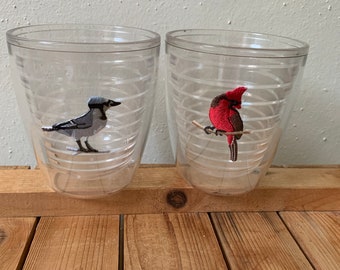 Tervis 12 oz. Tumblers, Cardinal and Blue Jay, plastic, Insulated hot/cold drinks.