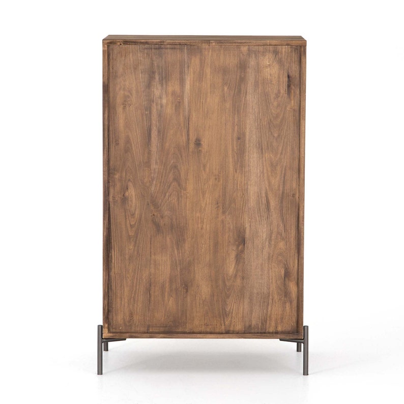May include: A wooden cabinet with a brown finish and metal legs. The cabinet has a simple design with a rectangular shape and a flat top.