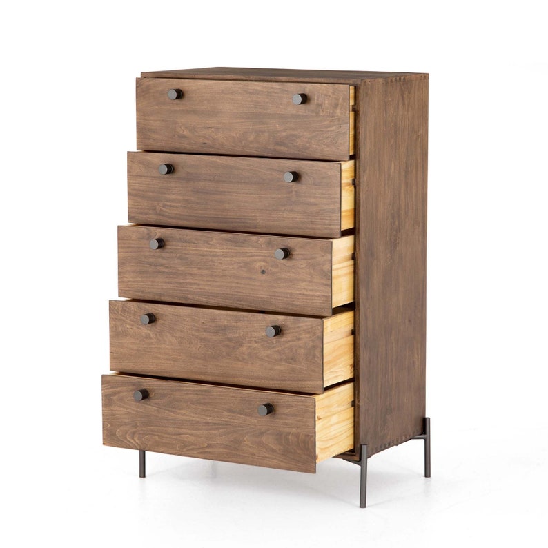May include: A five-drawer chest of drawers with a dark brown wood finish and black metal legs. The drawers are open, revealing the light wood interior.