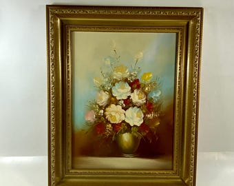 キャンバスに油彩、ヴィンテージ 1970 バラの花瓶を描いた、巧みに描か