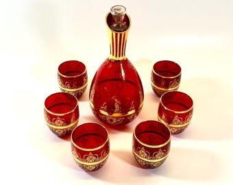 Antique Venetian Art Murano Italy Hand Painted Glass Decanter Set 