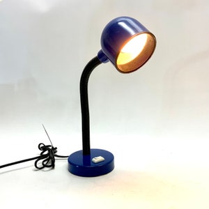 May include: A blue desk lamp with a flexible neck and a round, white switch on the base.