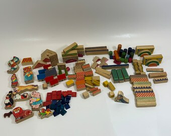 Jeu De Construction Communication Blocks En Bois - Chine Années 1970, Boîte Vintage, Jeu éducatif Et Créatif