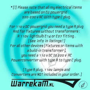May include: Text on a teal background details electrical item specifications. It notes EU powergrid compatibility (220-230V AC, type C plug) and requirements for 110V DC grids, including type A plugs and converters. The WarrekaM.NL logo is at the bottom.