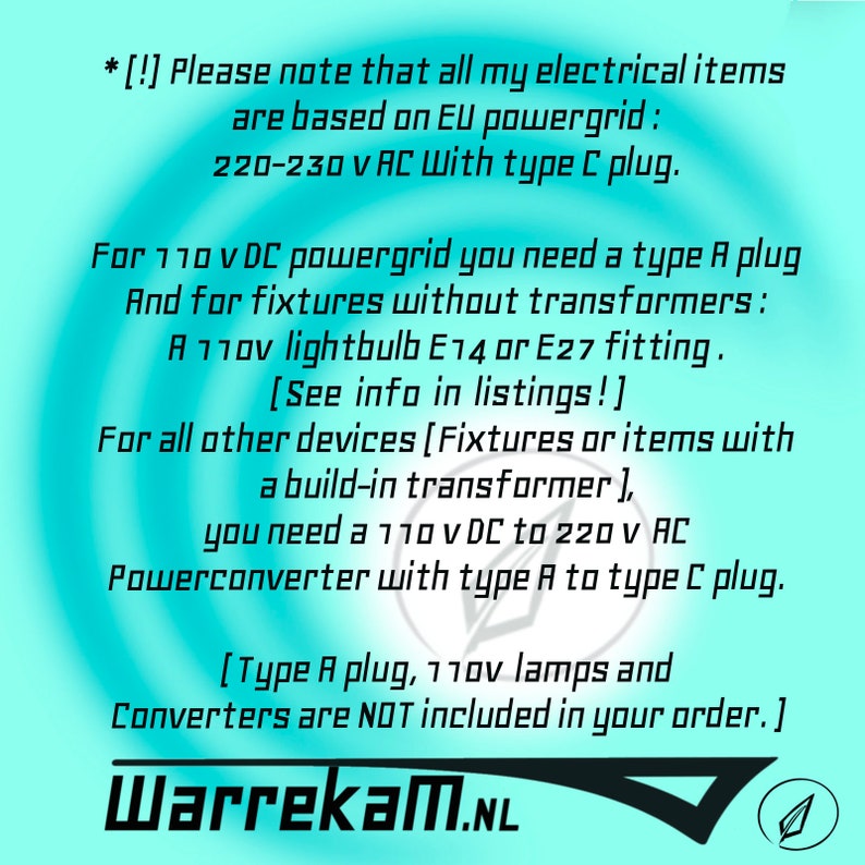 May include: Text on a teal background details electrical item specifications. It notes EU powergrid compatibility (220-230V AC, type C plug) and requirements for 110V DC grids, including type A plugs and converters. The WarrekaM.NL logo is at the bottom.
