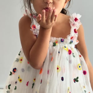 RESTOCK 3m-7Y Flower tulle dress, White Dress with Multicolor Flowers, First birthday dress, Toddler photo dress, Unicorn Dress, Princess