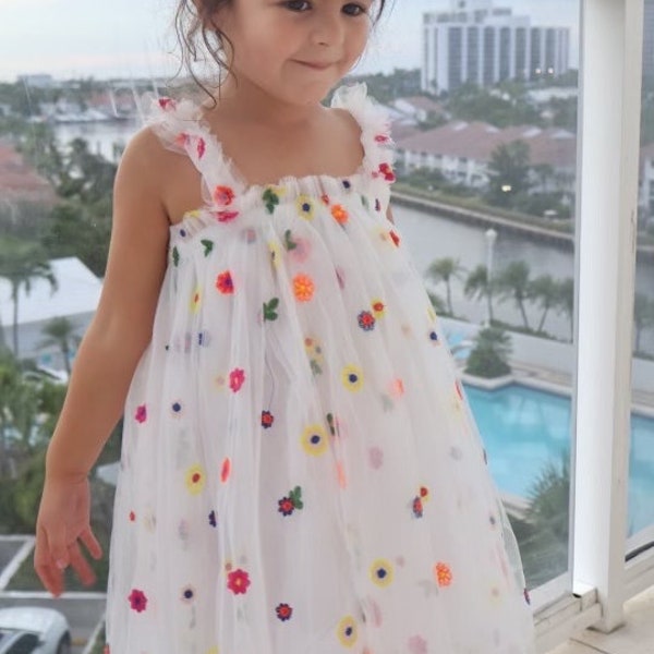 6m-6 year Flower tulle dress, White Dress with Multicolor Flowers, First birthday dress, Toddler photo dress, Unicorn Dress, Princess