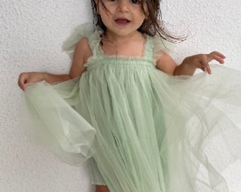 9m - 6T Plain Sage Green Dress, Photoshoot dress, flower girl, birthday dress, ruffles sleeves, beautiful and delicate dress