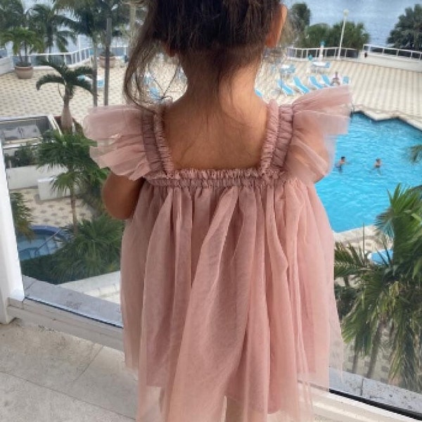 9m - 6T Plain Mauve Pink Dress, Photoshoot dress, flower girl, birthday dress, ruffles sleeves, beautiful and delicate dress