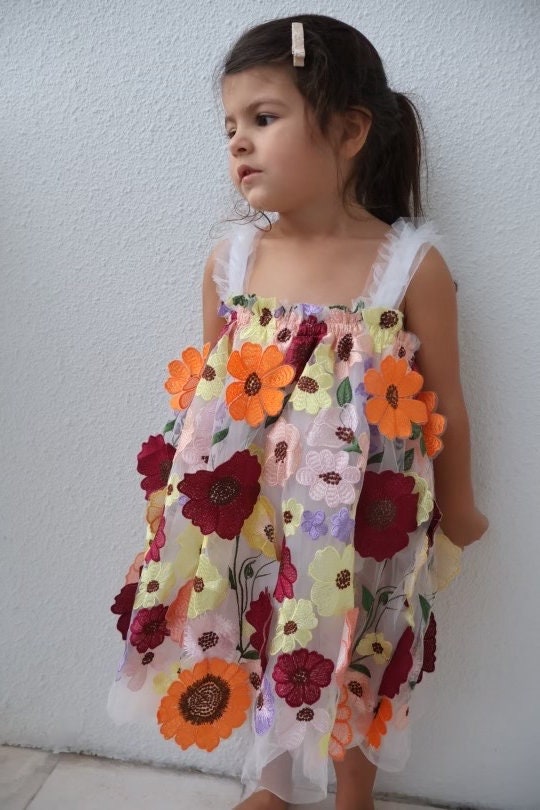 6M-6Y Flower tulle dress, White Dress with Big Flowers, First birthday dress, Toddler photo dress, Unicorn Dress, Princess Dress, Flowe girl