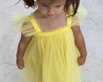 9m - 6T Schlichtes Gelbes Kleid, Fotoshooting Kleid, Blumenmädchen, Geburtstagskleid, Rüschen Ärmel, schönes und zartes Kleid