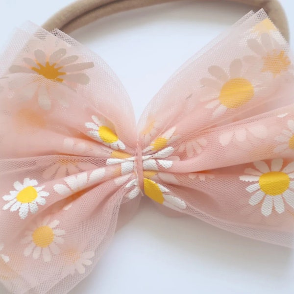 Daisy Headband, Flower Accessories, Daisy items, First birhtday Crown, Easter Gift Girl,  Nylon Headband, One size fits all, Tulle Bow