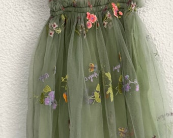 6M-7Y - Flower tulle dress, Green Dress with Flowers, First birthday dress, Toddler photo dress, Ruffle Sleeves Dress, Princess