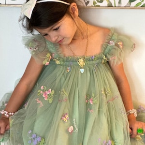 3M-7T green dress with flowers, Toddler Birthday dress, First Birthday dress, Easter Dress, Flower girl dress, ruffle sleeves